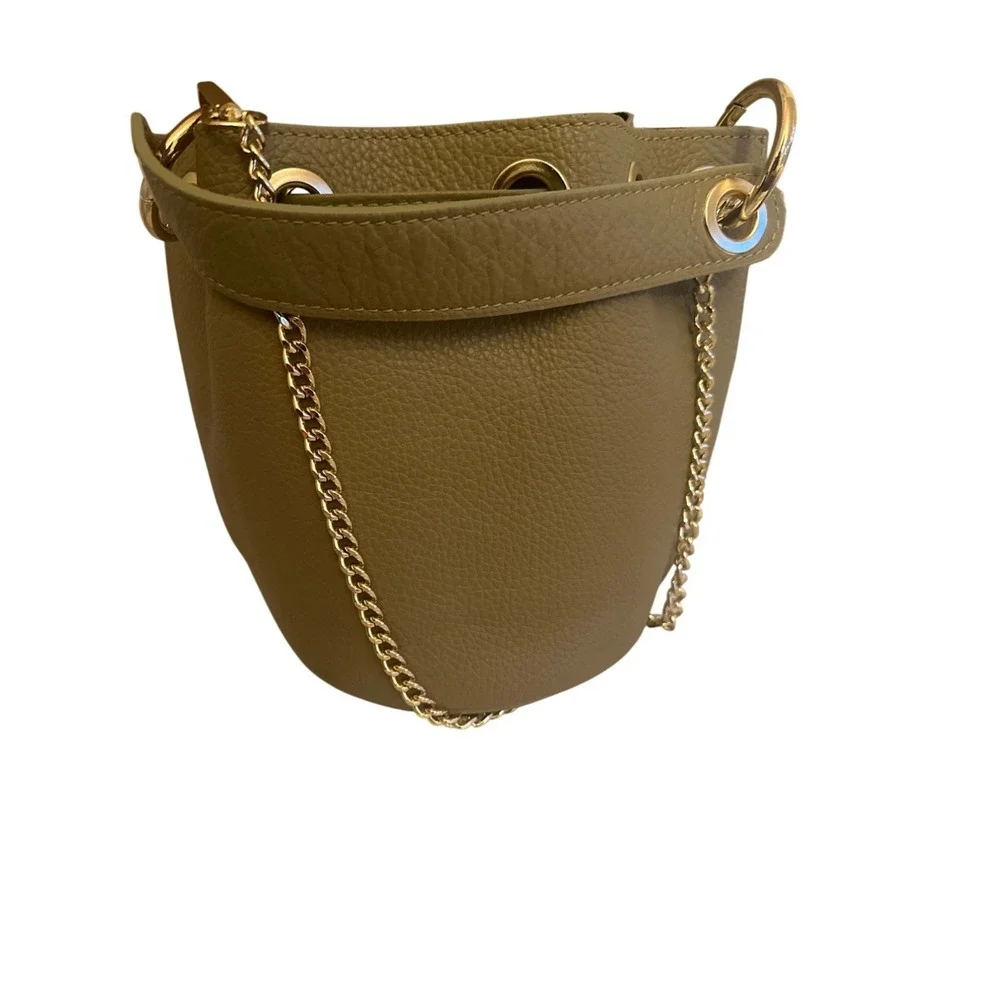 Anna Paola Genuine Leather Olive Green Bucket Bag With Chain Strap